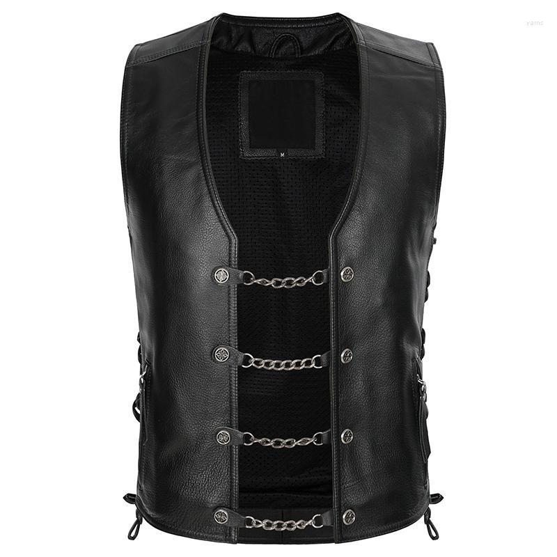 

Men' Vests Cow Real Mens Motorcycle Biker Rock Chain Collarless Waistcoat Black Side Laced Up Genuine Leather Vest