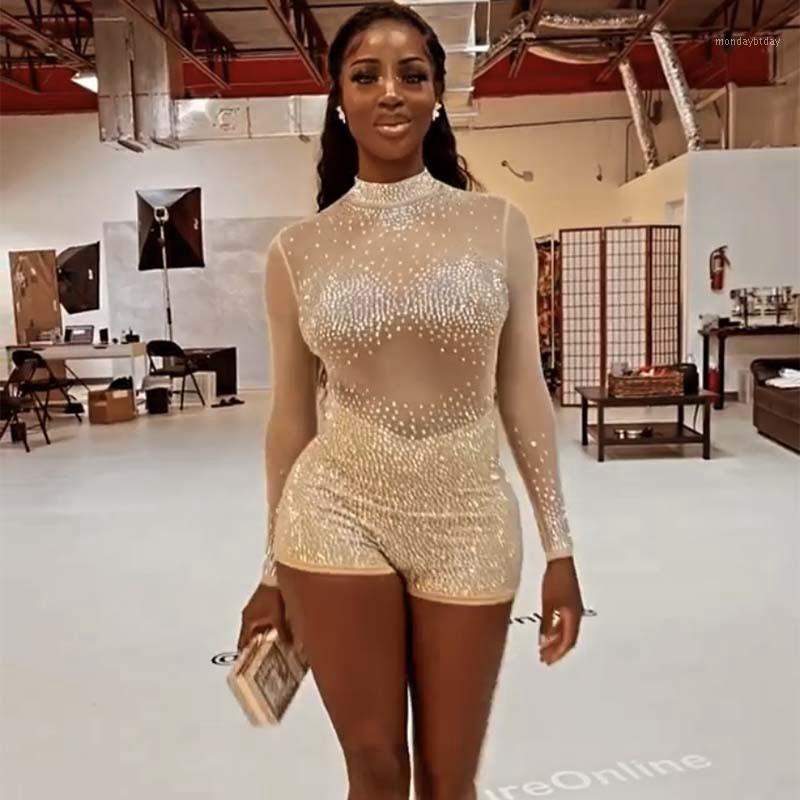 

Women' Swimwear Fall Clothes Drilling Mesh Sheer Jumpsuit Women Nightclub Rompers Sexy Bodysuit One Piece Outfits Streetwear Wholesale Item, White