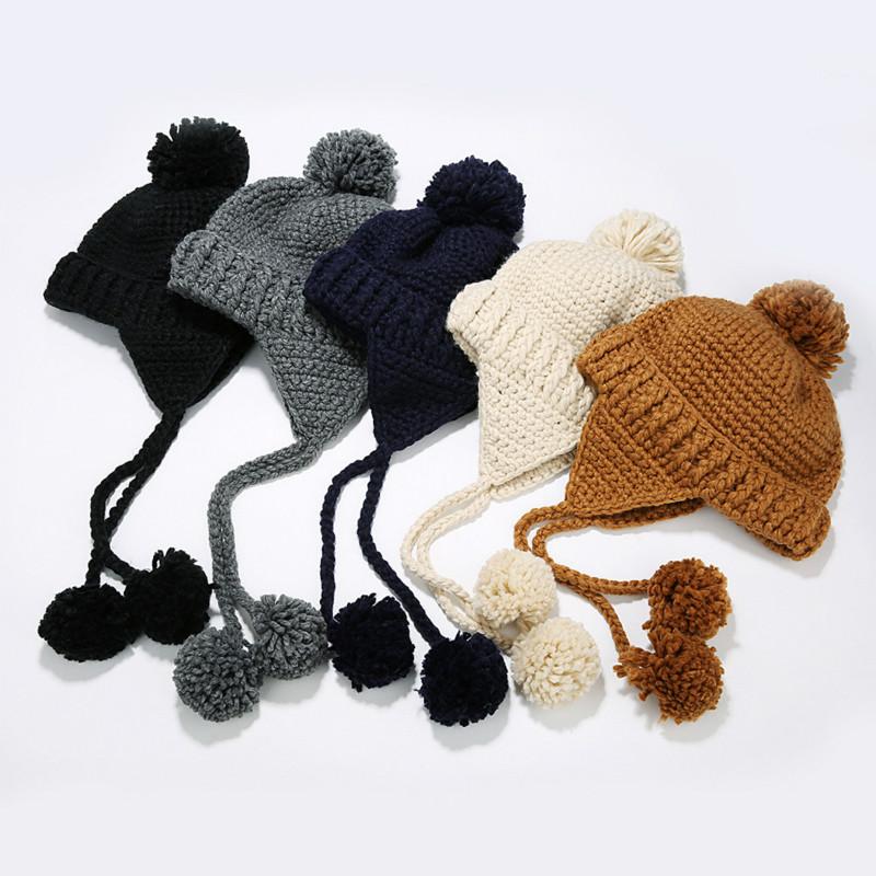 

Berets Women Bomber Hat Girl Winter Warm Ear Protection Korean Sweet Cute Hair Ball Knitted Cap Student Pure Color Casual CapsBerets, Black
