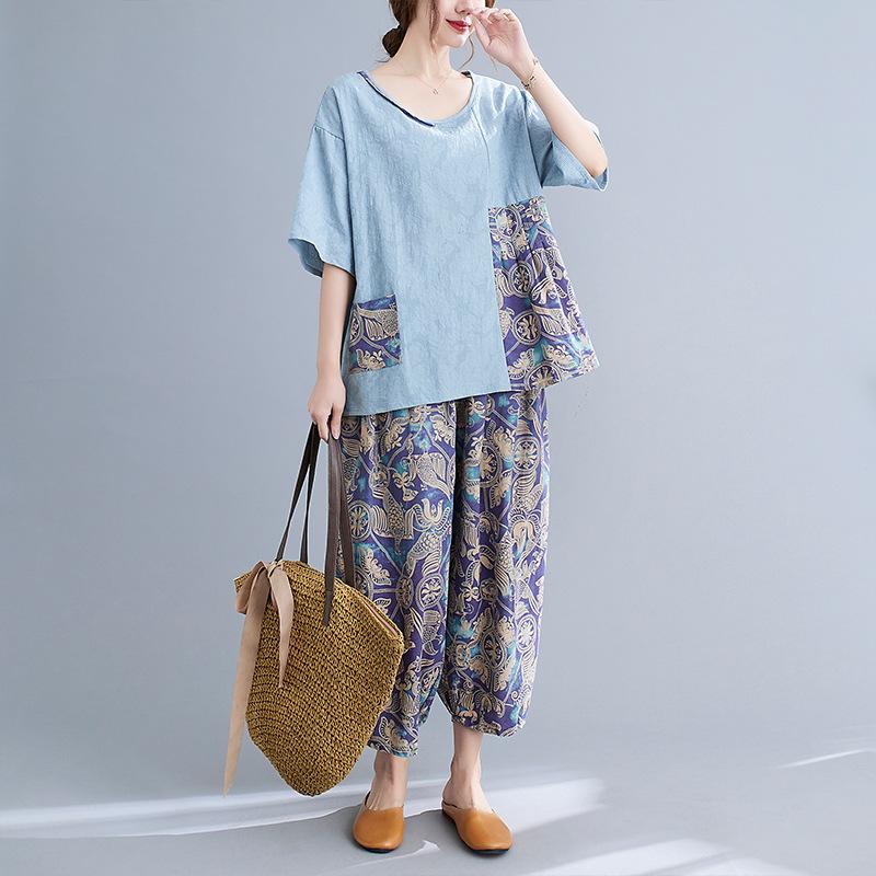 

Women's Two Piece Pants Johnature 2022 Summer Casual Vintage Print Sets Simple Patchwork Top Ankle-length Harem Loose Women Pieces SetsWomen, Blue