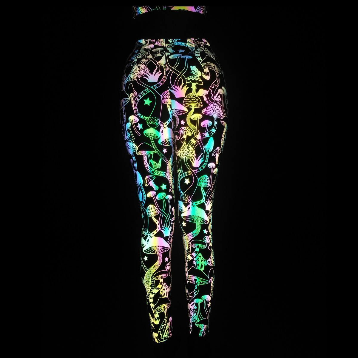 

Women's Two Piece Pants Cartoon Mushroom Colorful Reflective Set Women Sexy Bra Leggings Night Jogging Harajuku Tracksuit Reflect Light