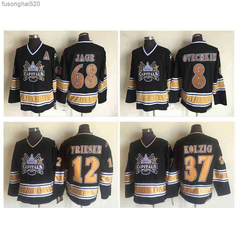 

95 1990 Washington Capitals Jersey 8 Alex Ovechkin 68 Jaromir Jagr 37 Kolzig 12 Jeff Friesen Black 100% Stitched Retro Vintage Hockey nhl's Jerseys, As pic