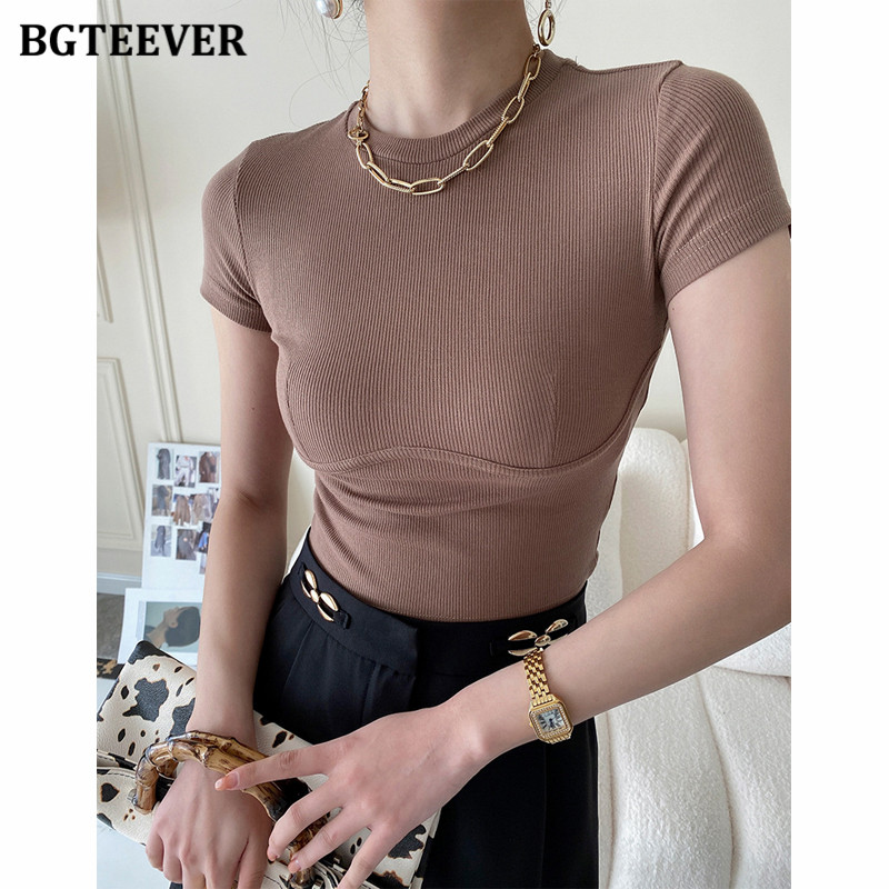 Simple Solid Skinny Women T-shirts 2021 Summer Short Sleeve Slim Female Stretched Pullovers Tops Casual Ladies Jumpers-image-757490331