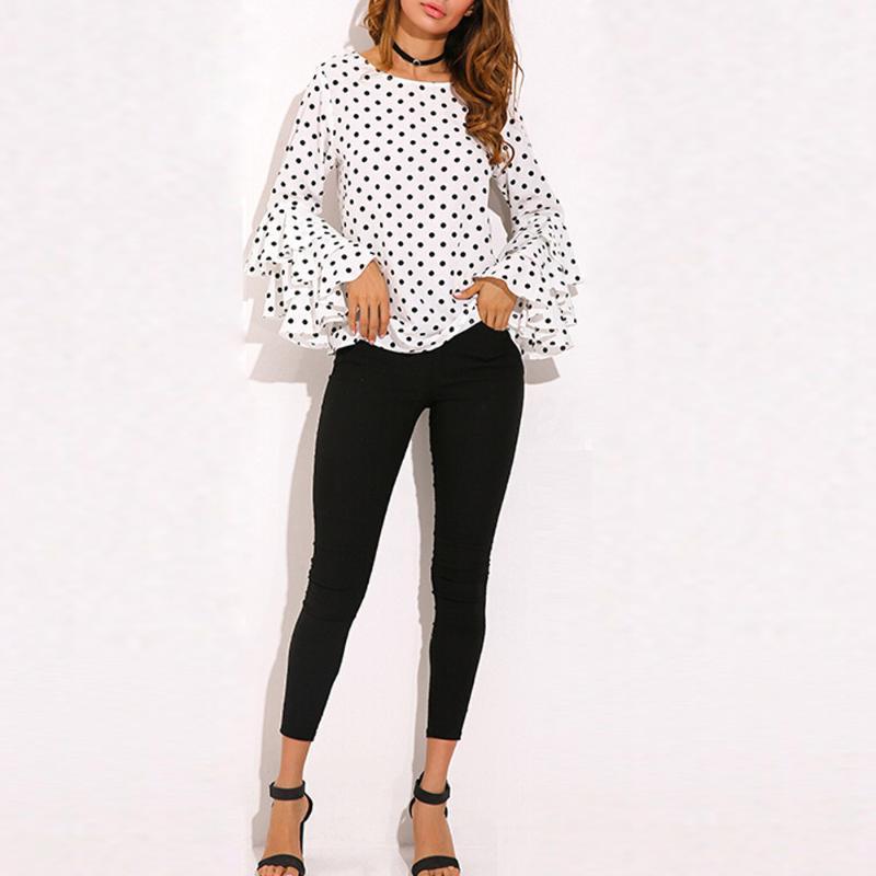 

Women' Blouses & Shirts Polka Dot Print Blouse Bell Sleeve Loose Shirt Ladies Casual Tops Chemisier Femme Vintage Women, Black