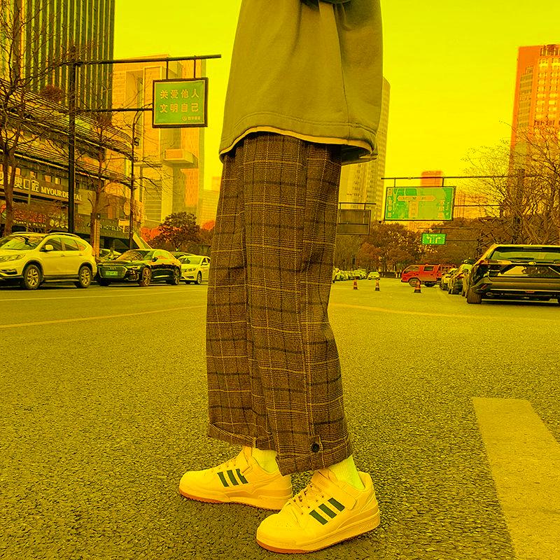 

Men's Pants Spring And Autumn Cotton Plaid Men's Fashion Retro Casual Men Streetwear Korean Loose Straight Wide Leg MensMen's, Dark grey