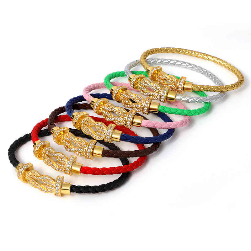 Bracelets Trendy Magnetic Buckle Horseshoe Inlaid Brick Leather Rope 8 Head Micro 3 Colors-image-766509615