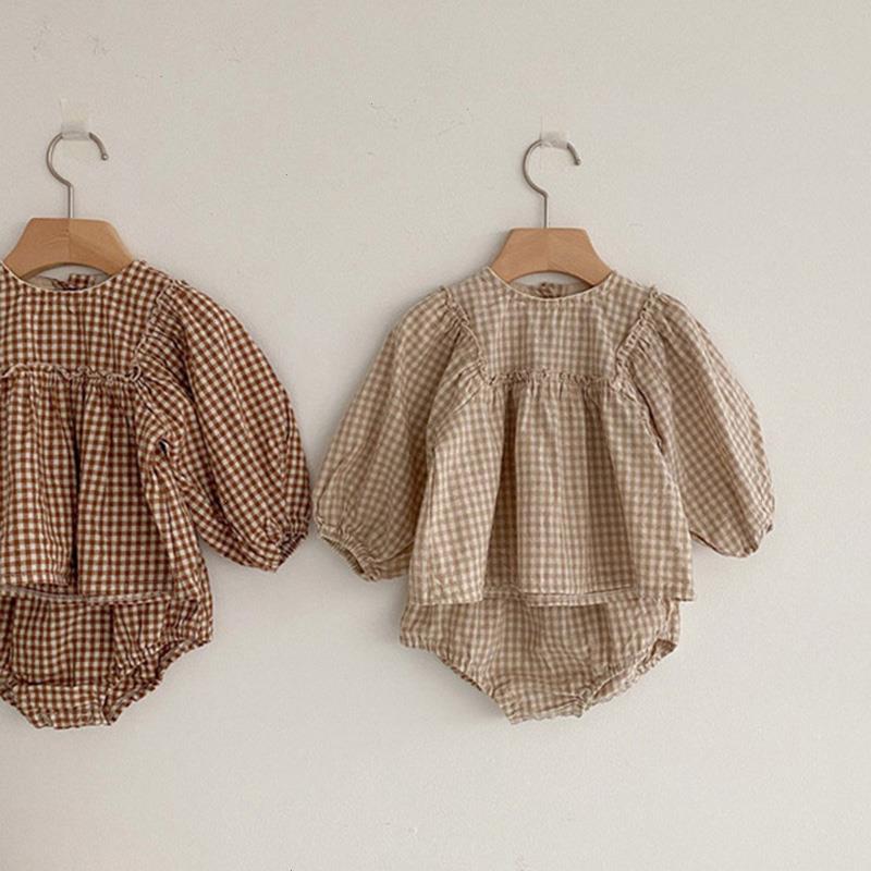 

Baby Girls Suit Clothes Little Plaid Infant Set Puff Sleeve Blouse Bloomer 2pcs Toddler, A6007brown