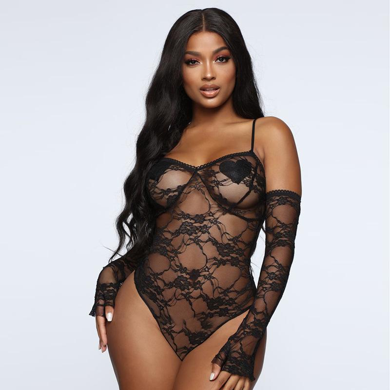 

Women' Two Piece Pants Fashion Mesh Lace Bodysuits 2022 Sexy Body Women Spaghetti Straps Transparent Sleeveless Bodysuit Bralette Black Rom