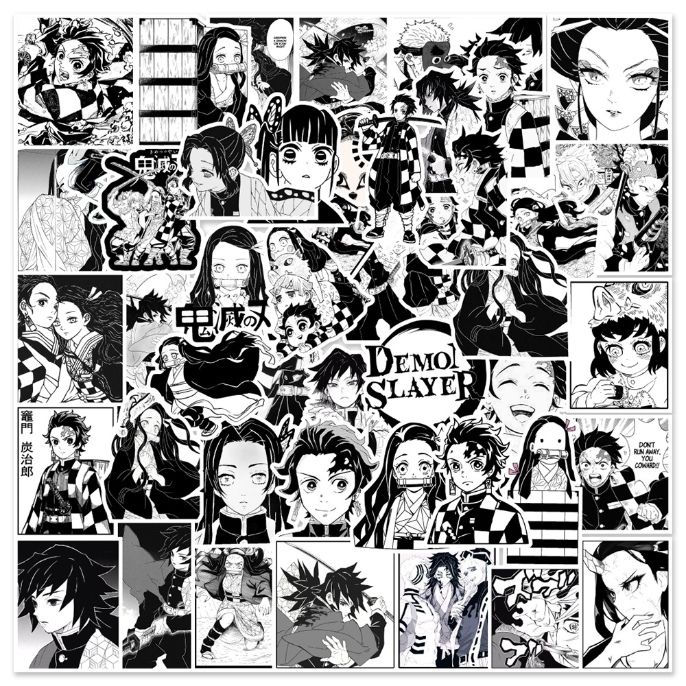 

50PCS Anime Black and White Demon Slayer Stickers DIY Bike Travel Luggage Laptop Graffiti Waterproof Cool Cartoon Sticker, Multi colors