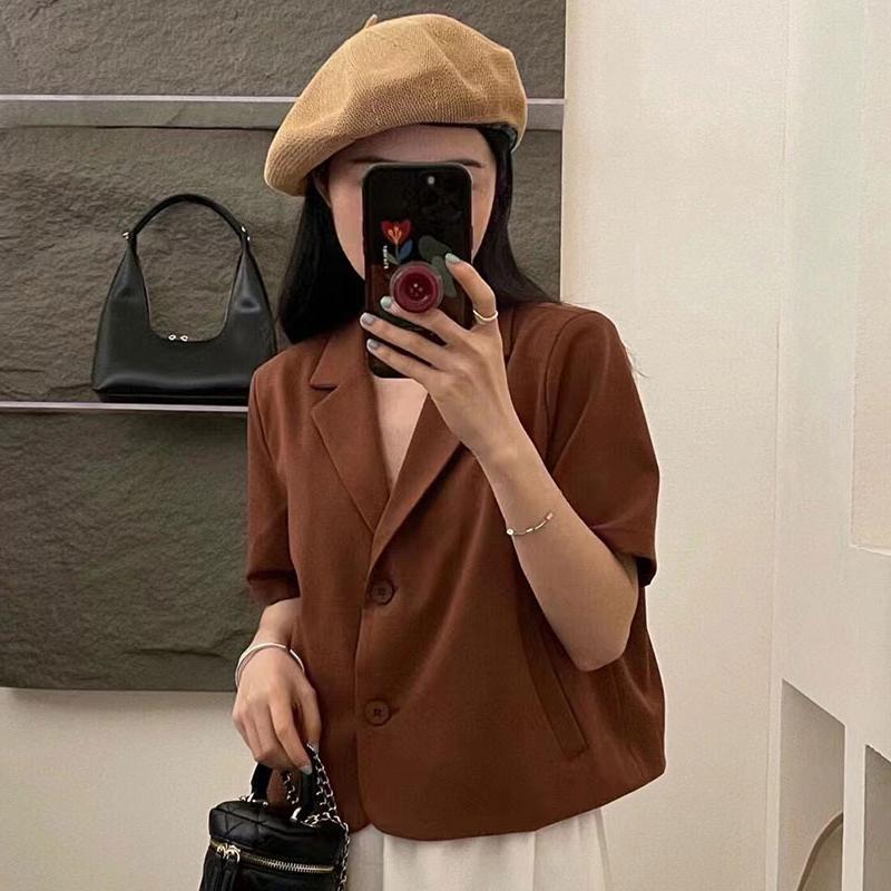 

Women's Suits & Blazers Vintage Notched Collar Two Buttons Solid Color Blazer Women Loose Casual Short Sleeve Suit Coat Korean Chic JacketsW, Black