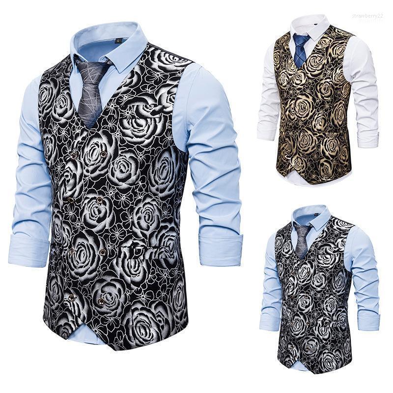 

Men' Vests Fashion Leisure Business Fishing Vest Rose Print Dress Double-breasted European And American Sizes XXL Stra22, Gold