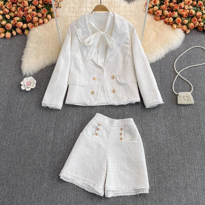 

Women' Tracksuits 2022 Autumn Ladies Suits Long Sleeve Tassel Gold Buckle Coat Fashion Pocket Solid Color Shorts Simple Two-piece Set, Black