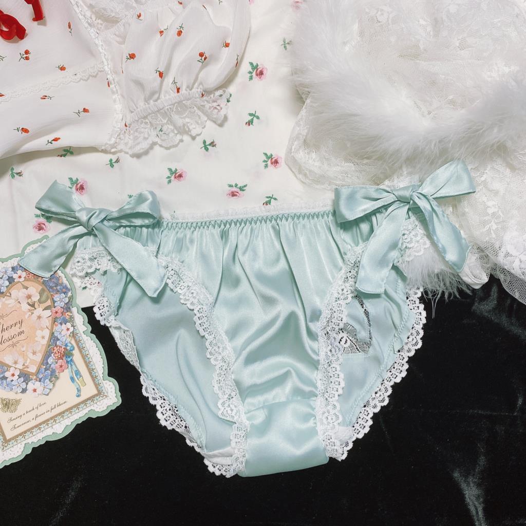 

Gentle Beauty Womens Panties Shorts Soft Satin Mint Green Lace Low Waist Lace-up Milk Silk Fairy Underwear