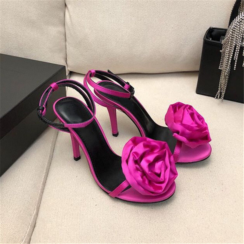 

Silk Fabric Flower Buckle Thin High-heeled Sandals Open Toe Round Head Leather High-heeled Shoes With Large Soles, Black