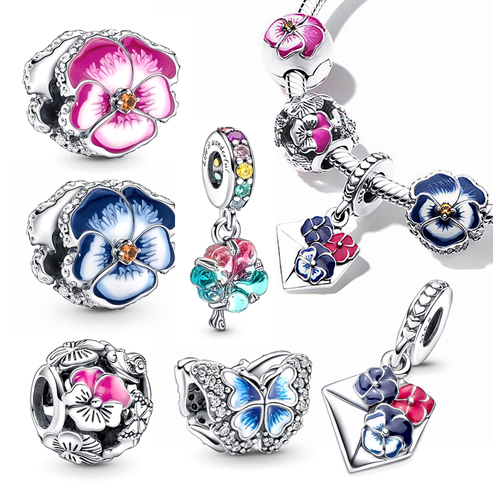 

925 Sterling Silver Dangle Charm NEW Pansy Flower Charms Bead Fit Pandora Charms Bracelet DIY Jewelry Accessories