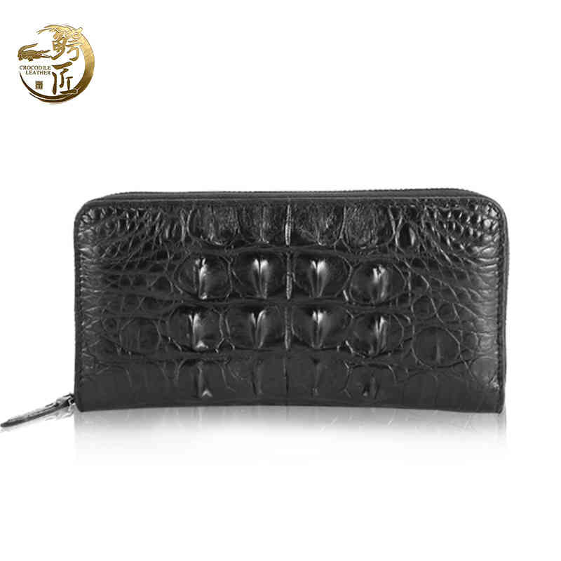 

Thai men's long leather handbag busins crocodile skull Zipper Wallet, Black dorsal bone