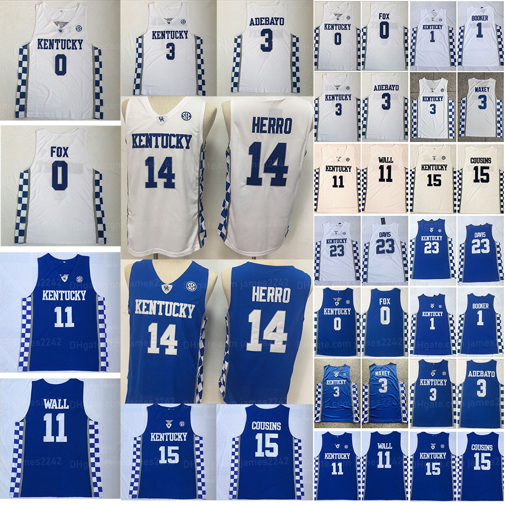 

Kentucky Wildcats 0 De'Aaron Fox College Basketball Jerseys Devin 1 Booker 3 Edrice Adebayo Tyrese Maxey John Wall Anthony 23 Davis DeMarcus 15 Cousins Sewn White Blue, As shown