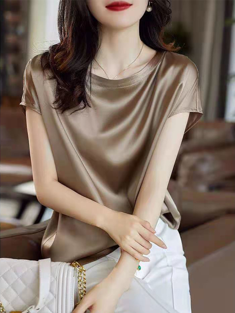 

Silk Thin Short Sleeve Tees Korean Style Slip Woman Summer Clothes Elegant Black Brown Tops Solid Loose Casual Plus Size 4XL, Gold