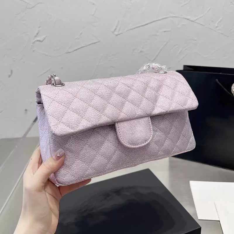 25CM Glitter Double Flap Designers Bags Calfskin Pink White Purple Green Designer Women Silver-Tone Metal Hardware Chain Handled Diamond Quilting To