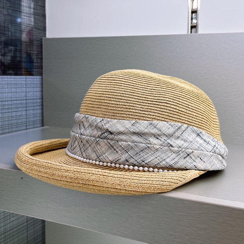 

Wide Brim Hats Pearls Sun Visors For Women Straw Hat Beach Visor UV Protection Foldable Party HatWide, Khaki