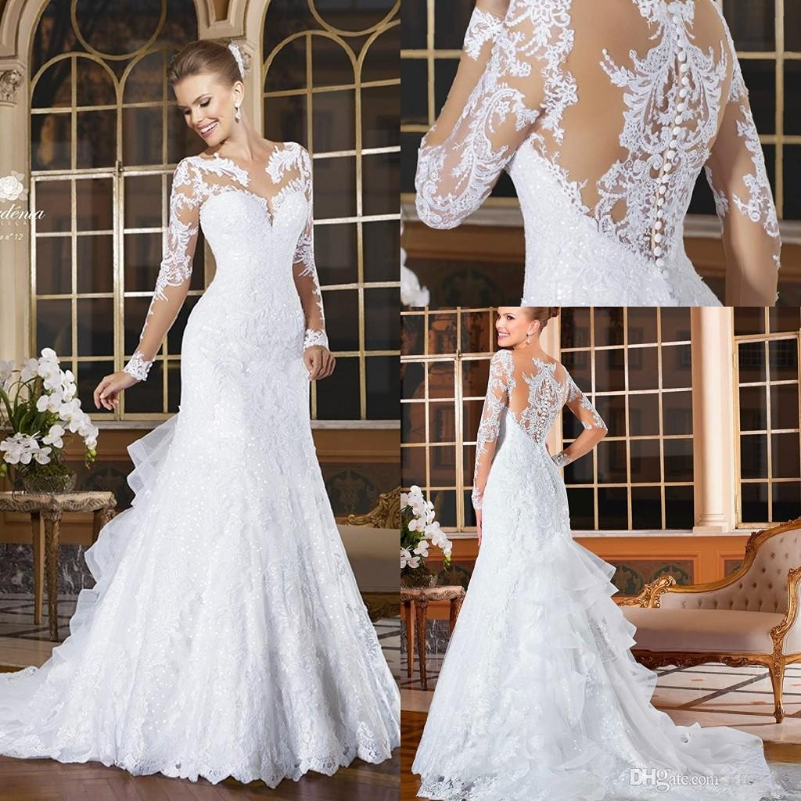 

2022 Vintage Long Sleeves Mermaid Wedding Dresses Appliqued Lace Button Tiered Ruffles Back Bride Gowns Vestidos De Novia, Ivory