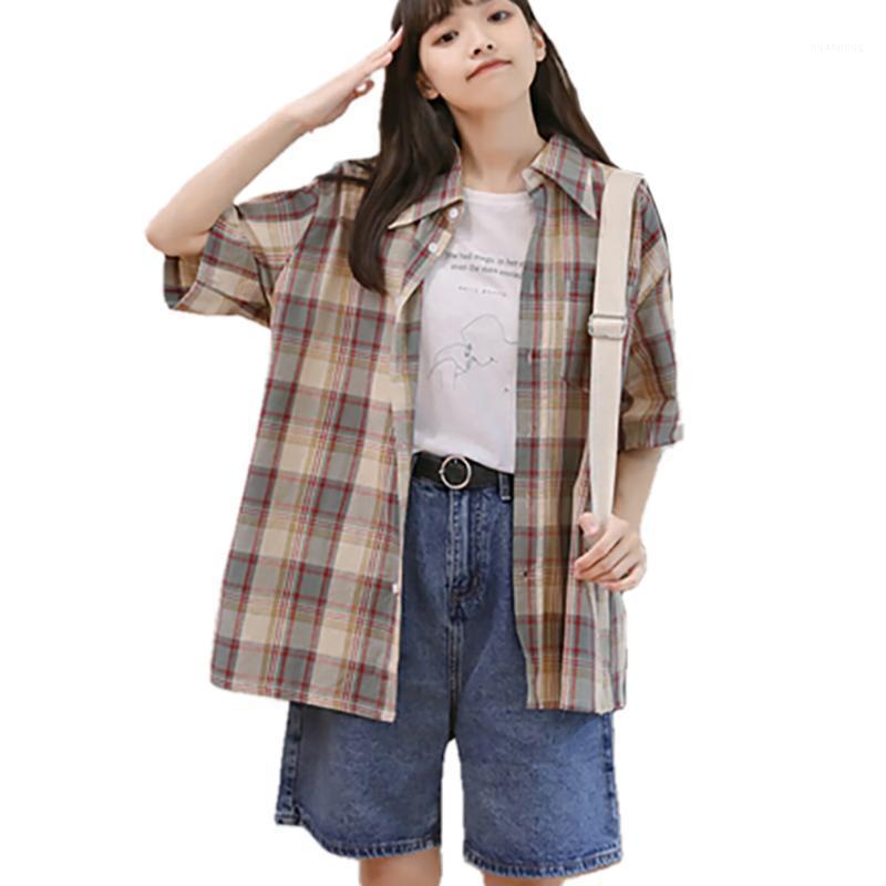 

Women's Blouses & Shirts 2022 Summer Kawaii Shirt Female Japanese Harajuku Cute Retro Fashion Mixed Color Grid Loose Short Sleeve Women Y2K, Brown