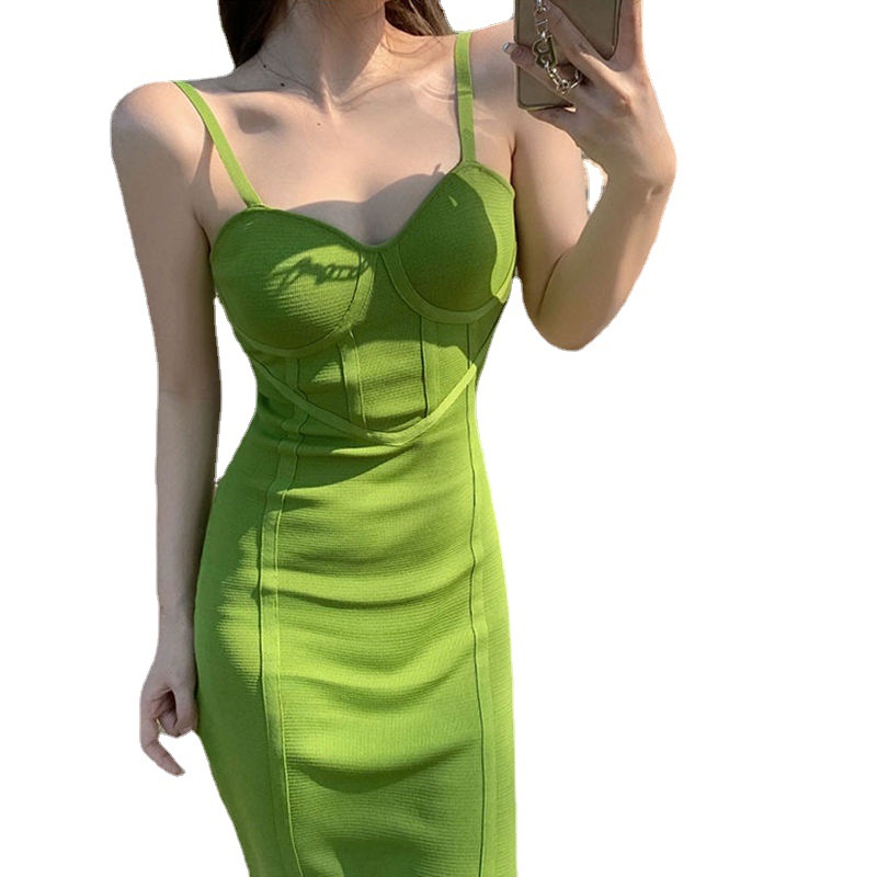 

Summer French solid color tight-fitting hip suspender long skirt runway dresses light familiar style design sense niche knitted dress female, Red