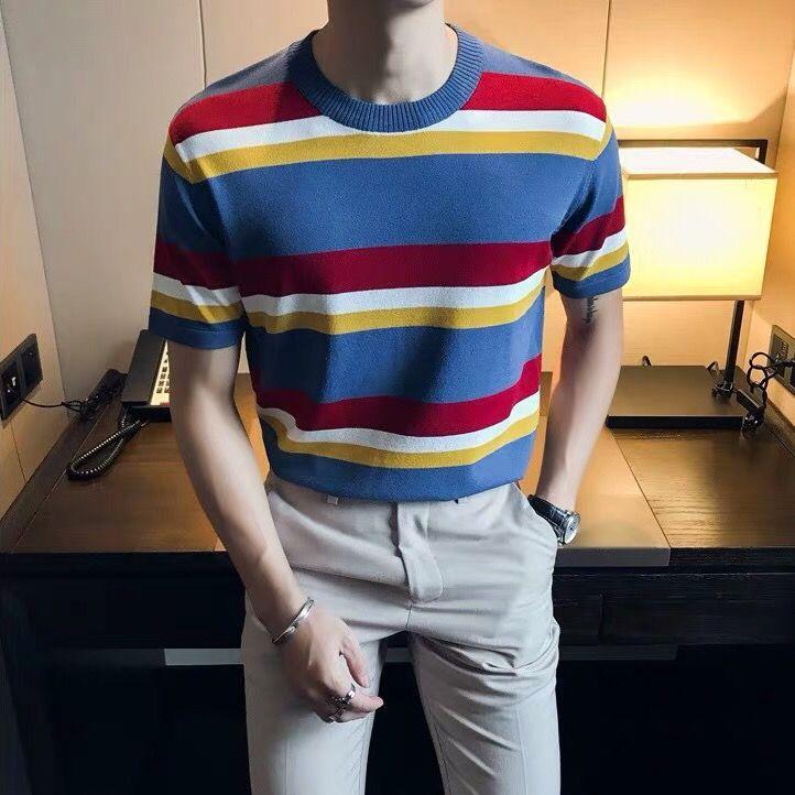 

Men' T-Shirts 2022 Summer Fashion Men Korea Style Ice Silk Knitted Sweater Male O-neck Casual Striped Short Sleeve Tops Tee W08, Light blue
