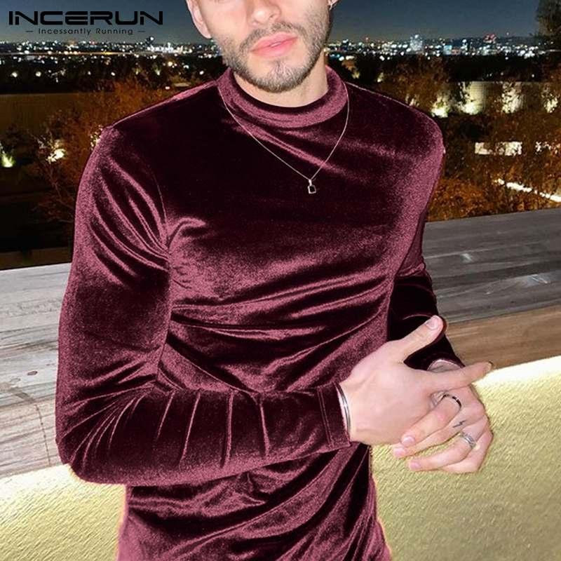 

Men' T-Shirts 2022 Autumn Men T Shirt Velour Round Neck Long Sleeve Solid Color Undershirt Tops Streetwear Casual Cozy Camisetas INCERUN, Green