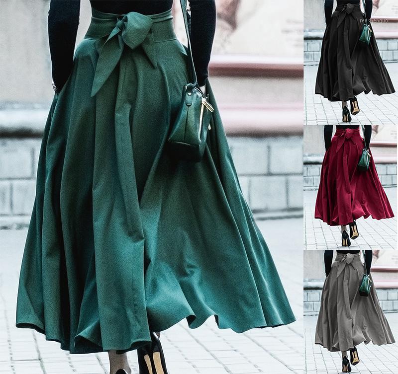 

Skirts Womens Korean Fashion Solid Color Big Swing Ladies Long Skirt 2022 Spring Autumn Wild High Waist Bow Slim, Black