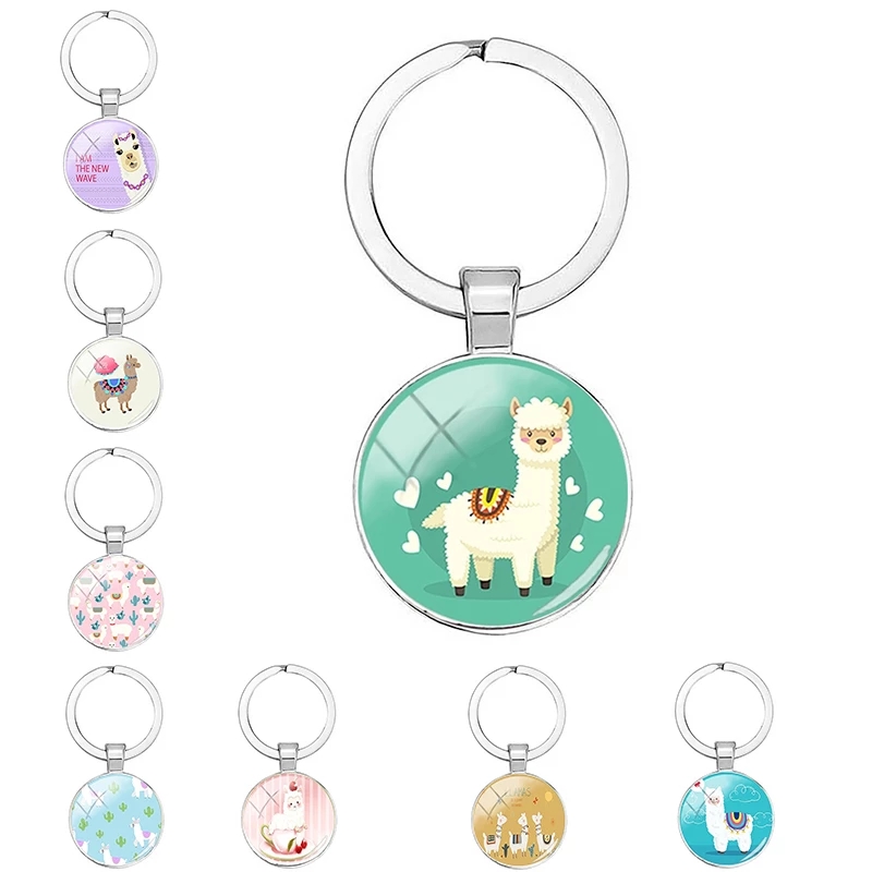 

Fashion Animal Lama Alpaca Art Picture Keychain Cute Casual Sheep Glass Cabochon Key Ring Couple Gift