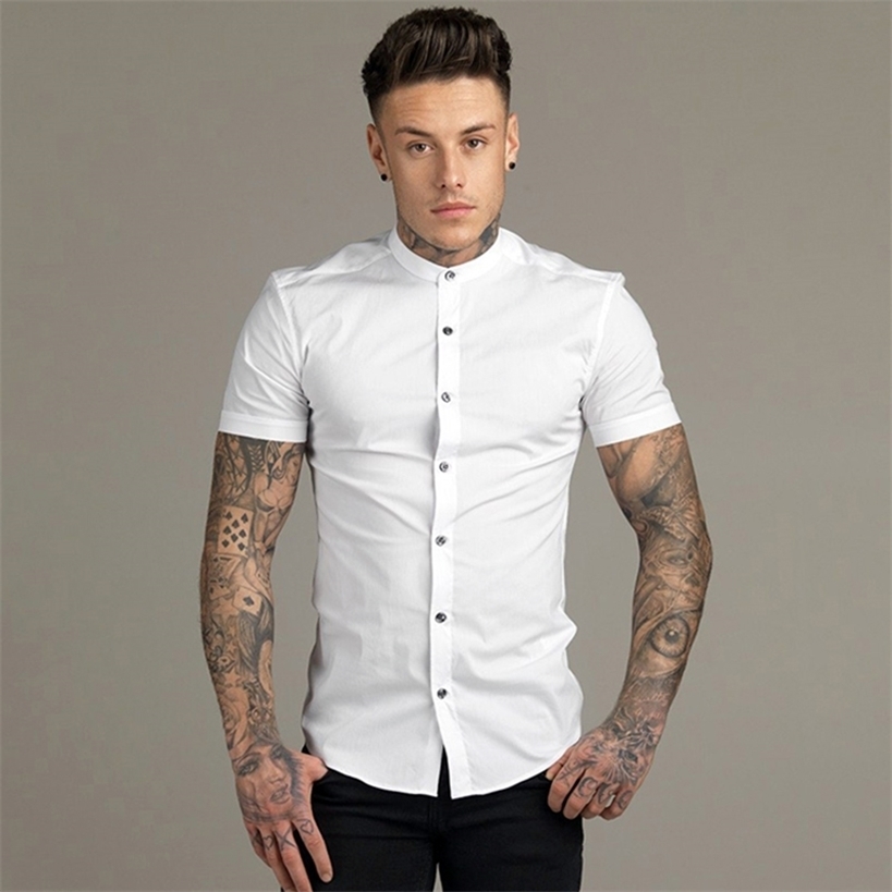 

Summer Men Fashion Short Sleeve Solid Shirt Slim Fit Male Social Business Dress Brand Mens Gym Fitness Sports Clothing 220323, White