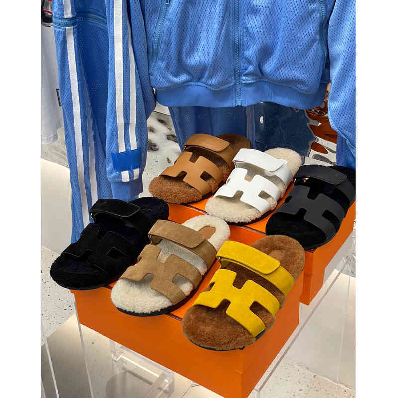 

Original Herme Sandals Slipper Calfskin Suede H-shaped Velcro Sticker Round Head Thick Bottom Wool Second Uncle Shoes Sandals, Black suede