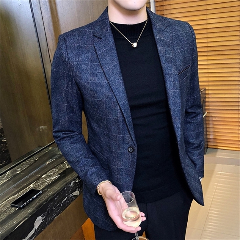 

Men's Suits Blazers British's Style Vintage Plaid Men Casual Slim Fit Suit Jacket Single Button Business Social Plus Size M 5XL Hombre 220826, Navy