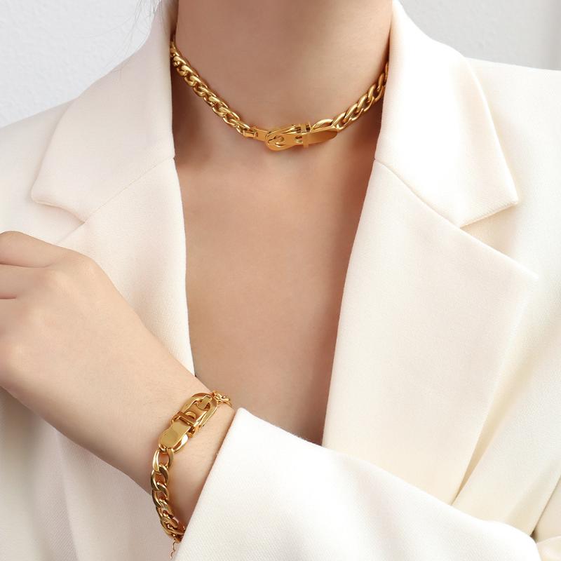 

Link, Chain Amorcome Minimalist 18K Gold Plated Titanium Strap Belt Bracelet Punk Thick Curb Link Buckle Wristbands Women Jewelry