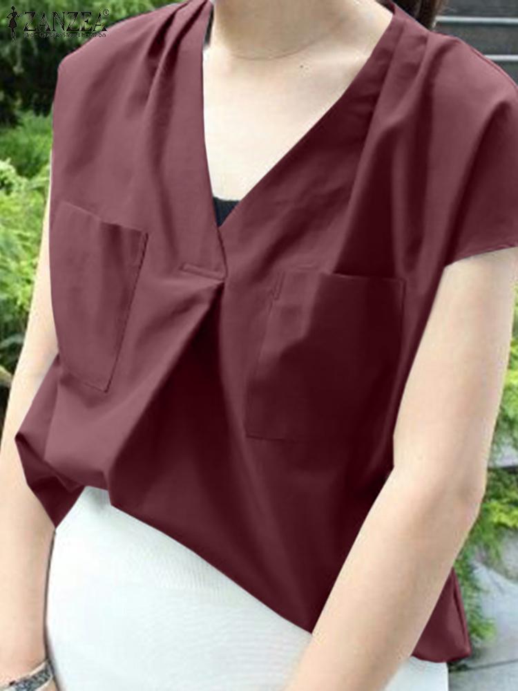 

Women' Blouses & Shirts Female Fashion Elegant Casual Oversized Holiday Beach Shirt 2022 Women Summer Solid Color Blouse Short Sleeve V-Nec, Green