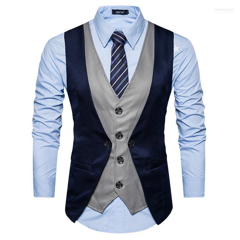 

Men' Vests Men Vest 2022 Brand Male Patchwork Waistcoat Fashion Fake Two Piece Wedding Business Casual Suit Groom Singer Clothes Stra22, Coffee