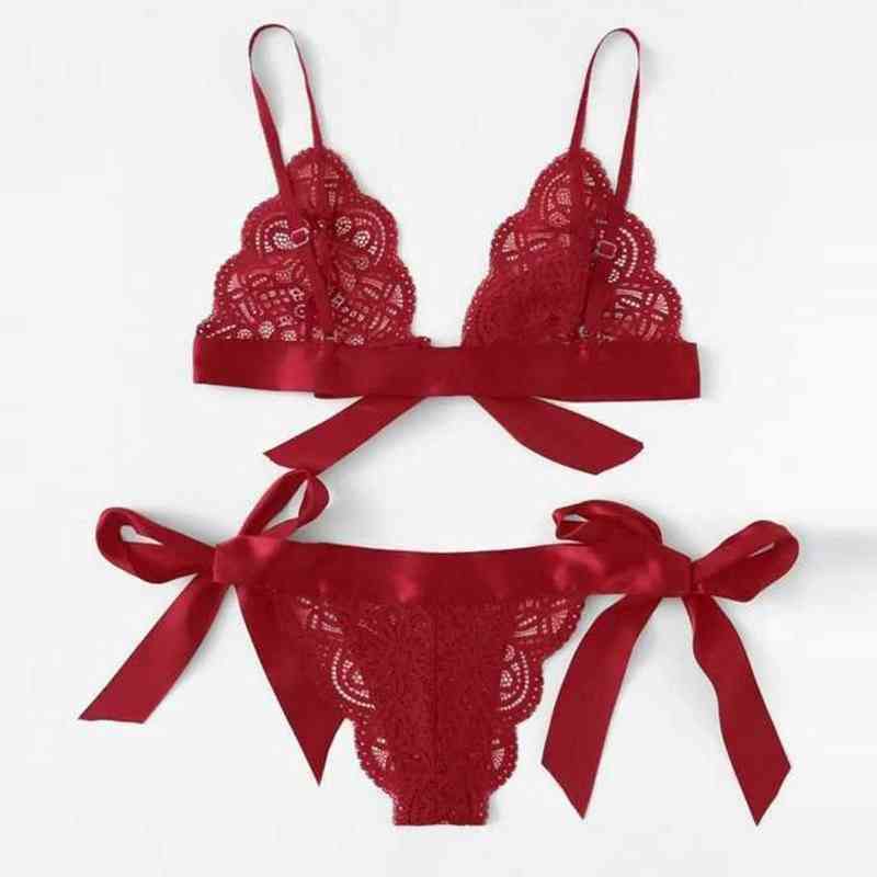 

Nxy Sexy Underwear Sexy Women Lingerie Set Tie Side Bow Lace Flower Underwear Suit Female Adjustable Shoulder Strap Triangle Cup Bralettle 0609, Rd