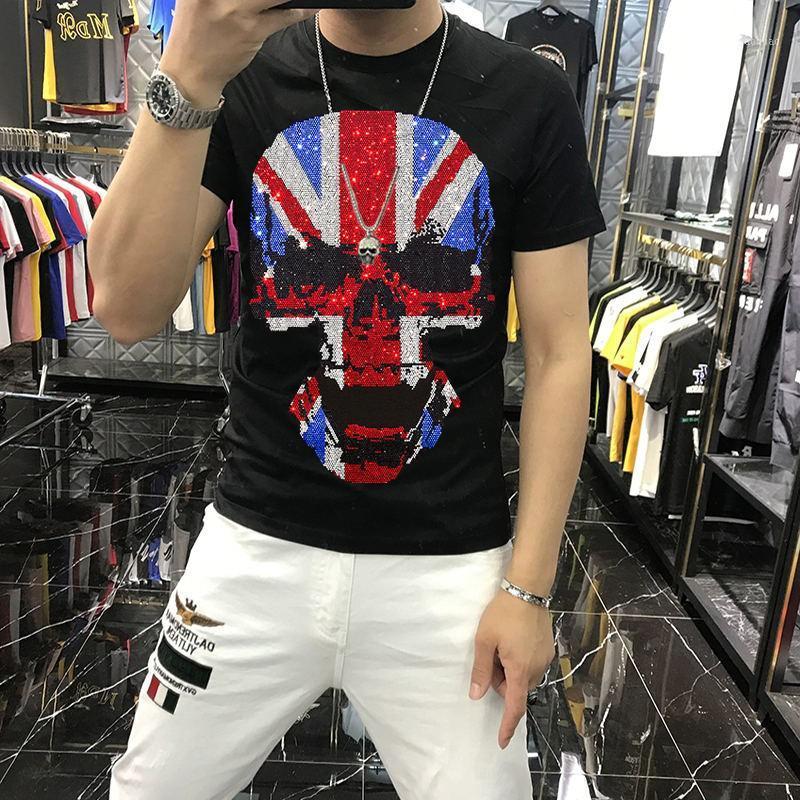 

Men's T-Shirts Drilling Heavy Craft Skull Short-Sleeved Brand Top Korean Version Pure Cotton Casual Summer T-Shirt, As shown asian size