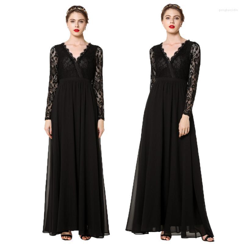

Casual Dresses Women V-Neck Lace Chiffon Long Sleeve Dress Backless Sheer Cocktail Party Gown Clothing Fashion Femme Vestidos, Black