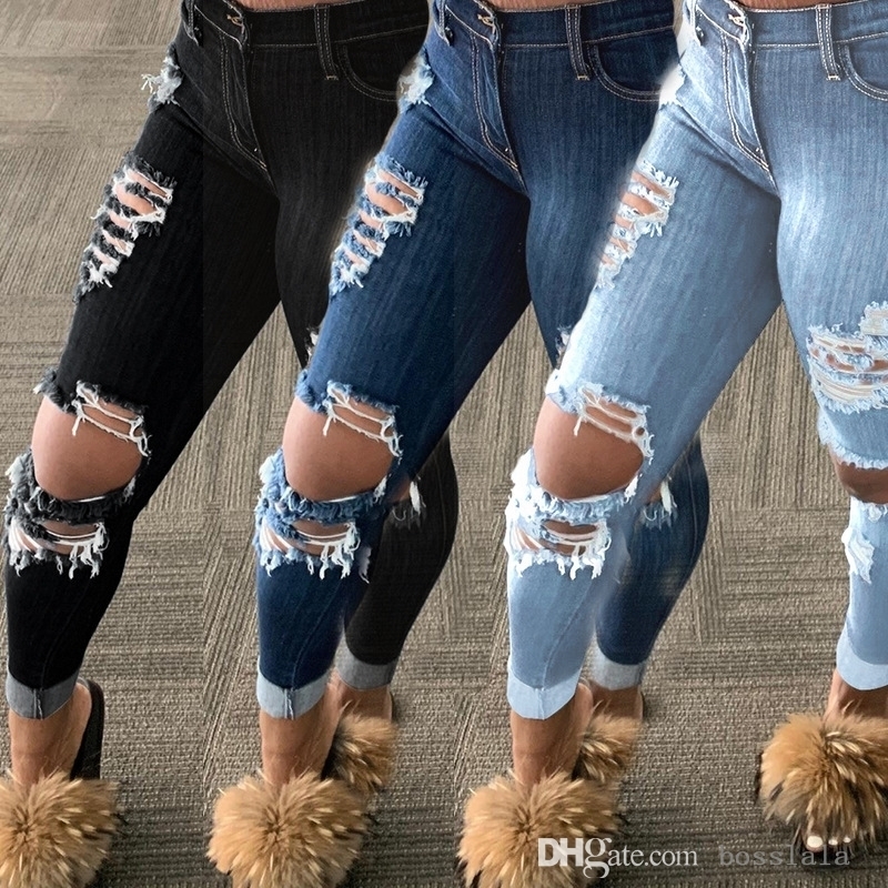 

New Fashion Women Jeans 2022 Spring And Summer Pencil Pants Sexy Hole Tassel Ladies Denim Trousers, Mix colors