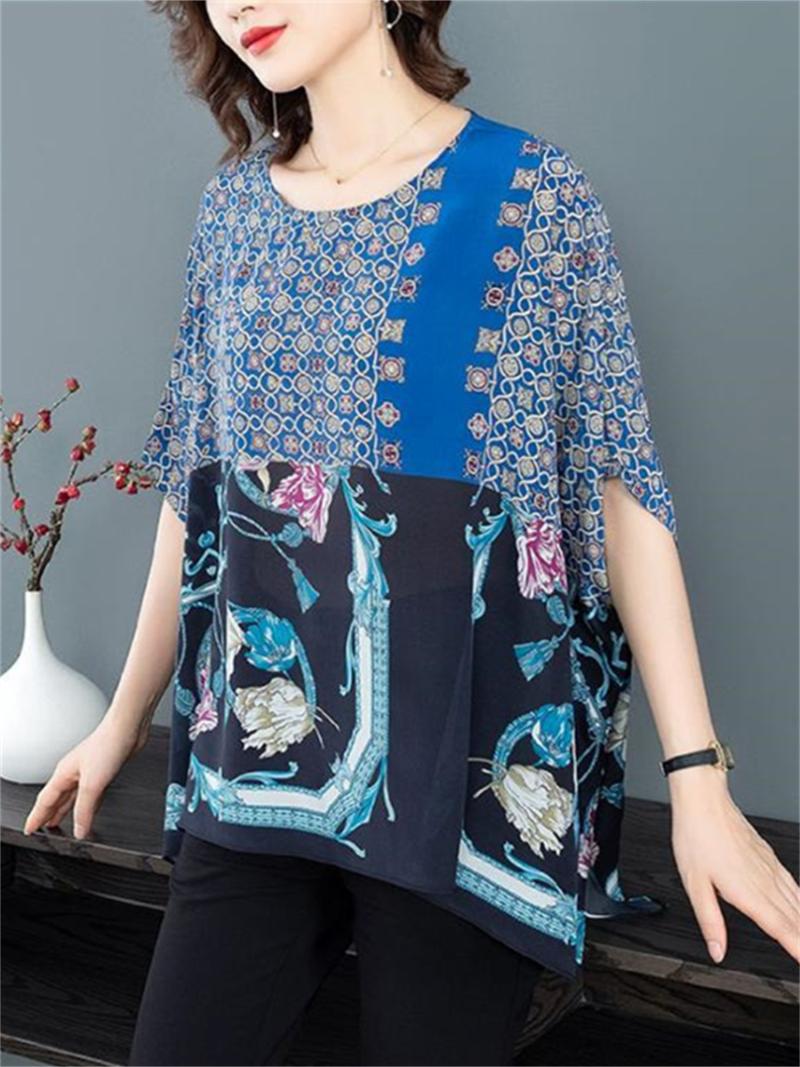

Women's Blouses & Shirts Loose Women Spring Summer Lady Fashion Casual Short Sleeve O-Neck Collar Flower Printing Blusas Tops2261Women's, Blue