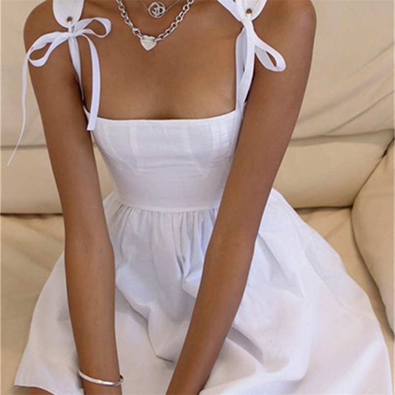 

Nsauye Summer Casual Women Kawaii Lace Up Sleeveless Slim A Line Dress Sexy Party White Bodycon Mini Elegant Princess 220613