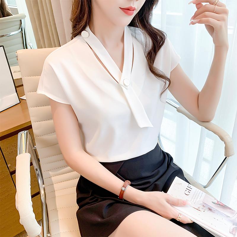 

Women' Blouses & Shirts Womens Tops And Chiffon Women Short Sleeve V-Neck Korean Fashion Clothing Elegant Office White