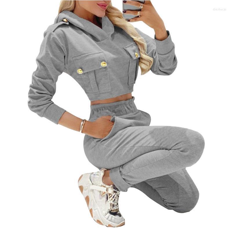 

Women' Two Piece Pants Two-Piece Set Ladies Hooded Pockets Knit Solid Elastic Waist Casual Long Sleeve Classic Pullover Women Button Suit, Light gray