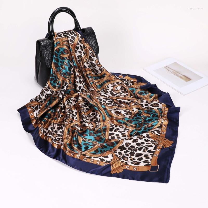 

Scarves Imitate Silk Satin Scarf Women Fashion Leopard Shawl Hijab Square Turban 90 90cmScarves