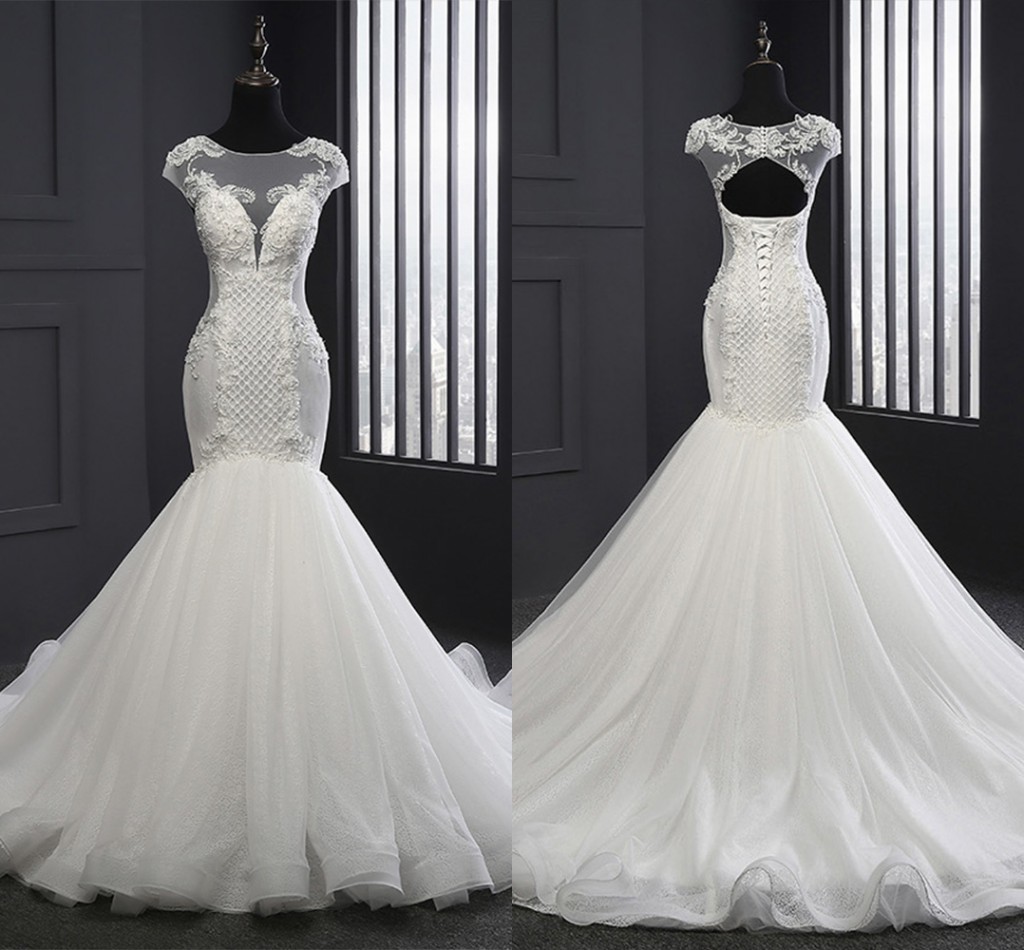 

Amazoning Short Cap Sleeve Mermaid Wedding Dresses 2022 Lace Applique Beads Sequins Boat Neckline Lace-up Court Train Plus Size Bridal Dress Women, White