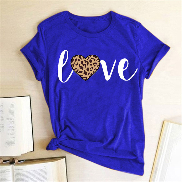 

Summer T Shirts Leopard Love Letter Print Tshirt Round Neck Short Sleeve T-Shirt Plus Size Women Clothing Casual Tee Tops, Pink