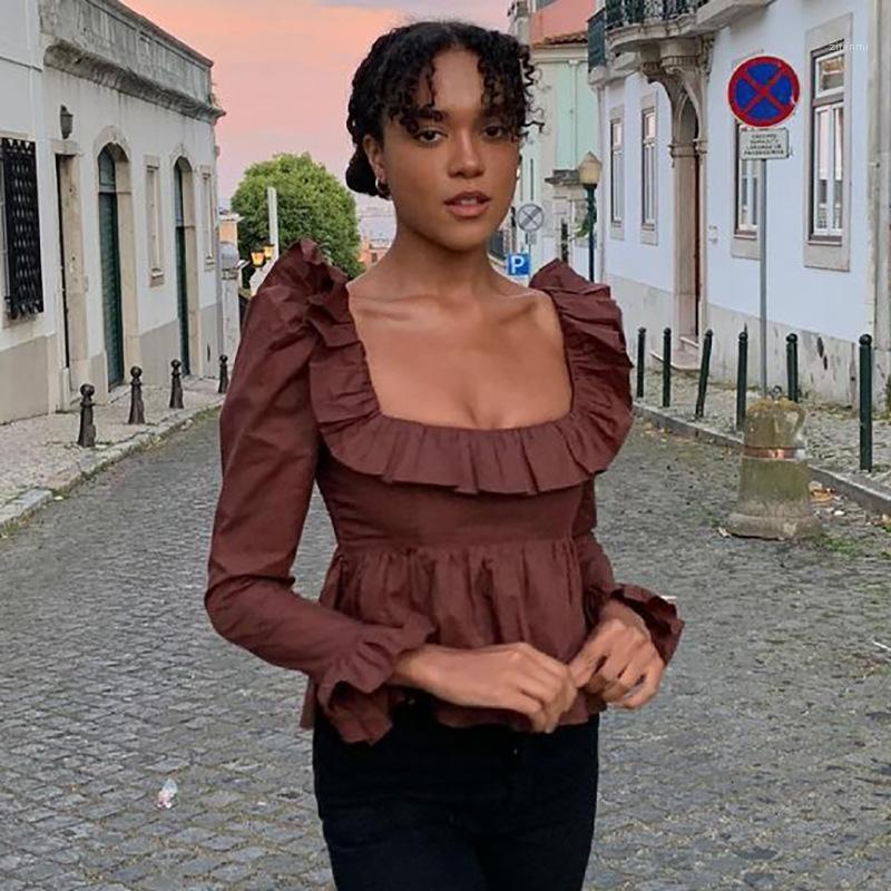 

Women' Blouses & Shirts 2022 Long Sleeve Blouse Shirt Women Elegant Fashion Square Neck Backless Autumn Winter Brown Top Casual Vintage
