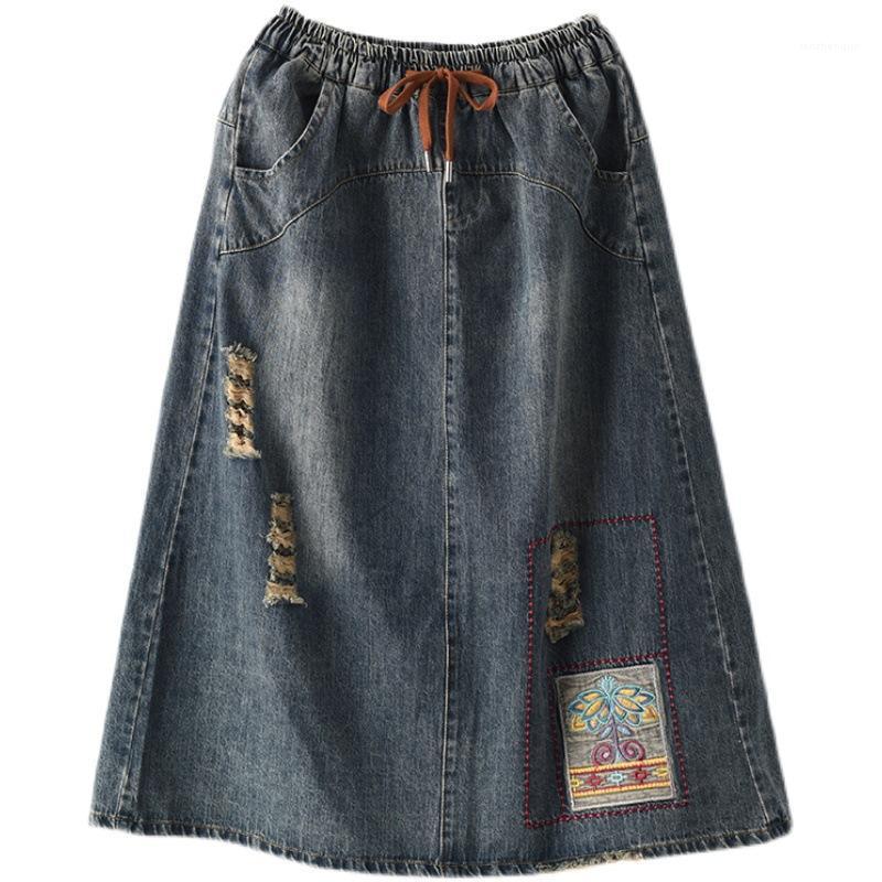 

Spring Women's Plus Size Denim Skirts Female Elastic Waist Vintage Embroidered Loose Cotton Jeans Korean Style, Black